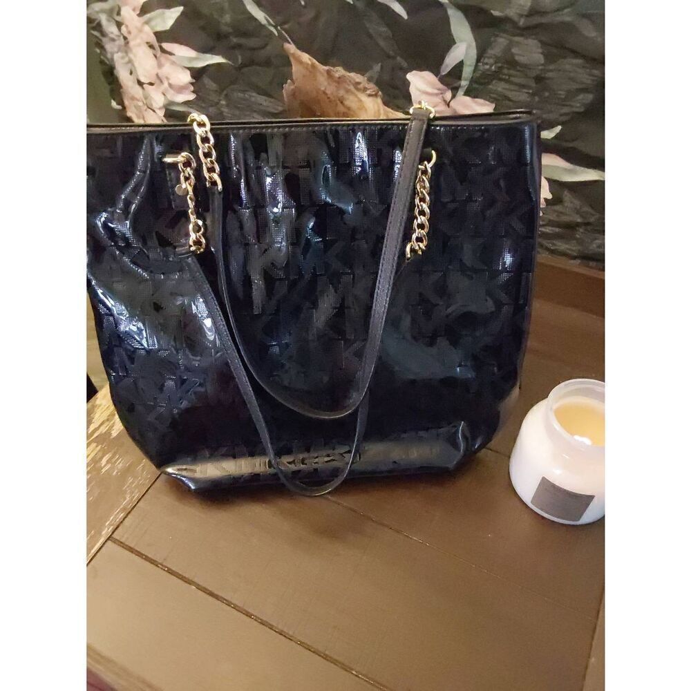 MICHAEL KORS Jet Set Black Gold Chain Tote Patent Leather Shoulder Bag Purse